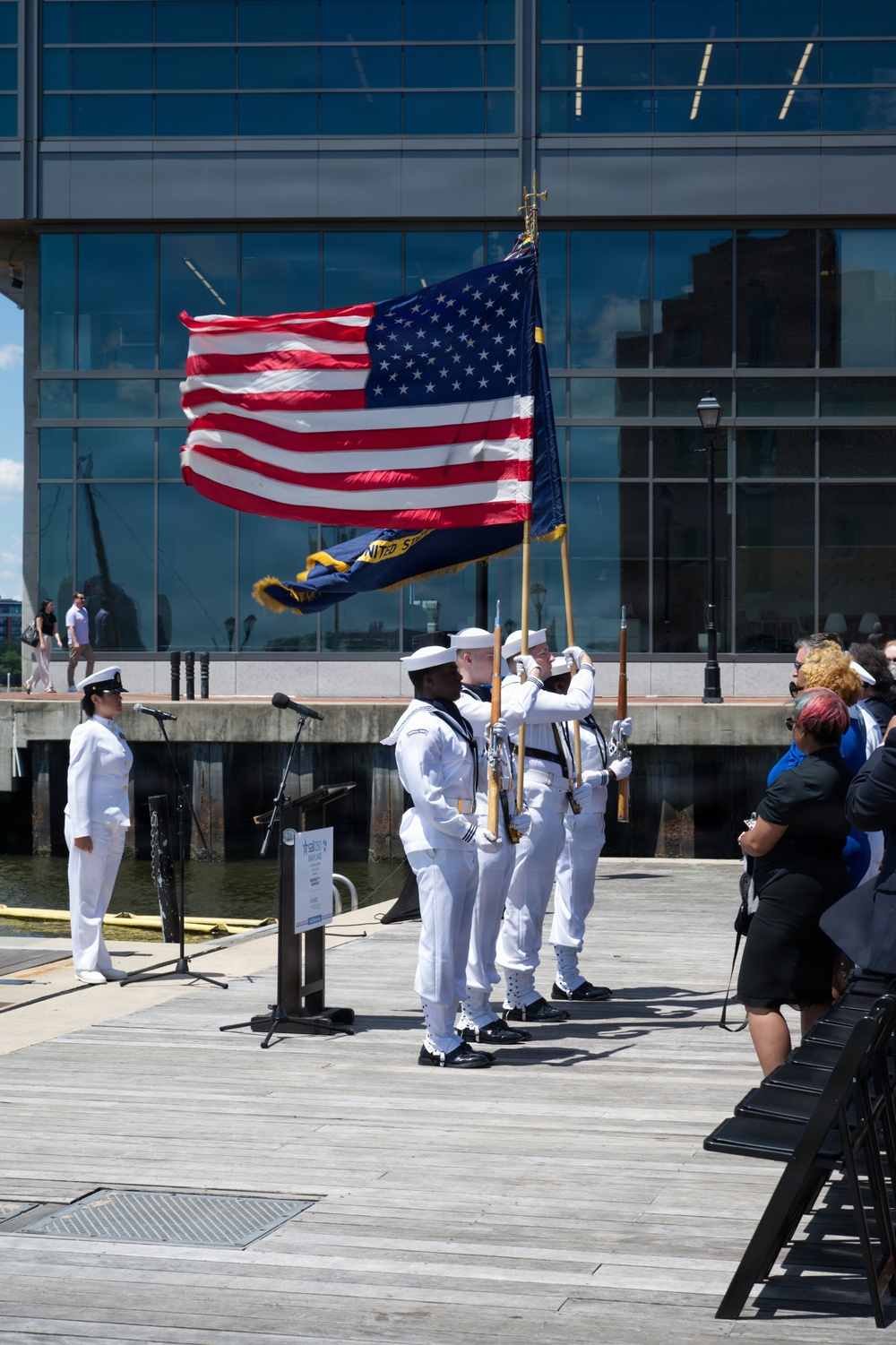 US Navy Ceremonial Guard Color Guard Presents Colors During Sail 250 Maryland Press Conference