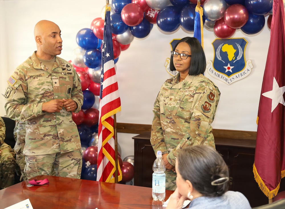 U.S. Army Brigadier General Michael addresses U.S. Air Force personnel at U.S. Air Forces Africa headquarters