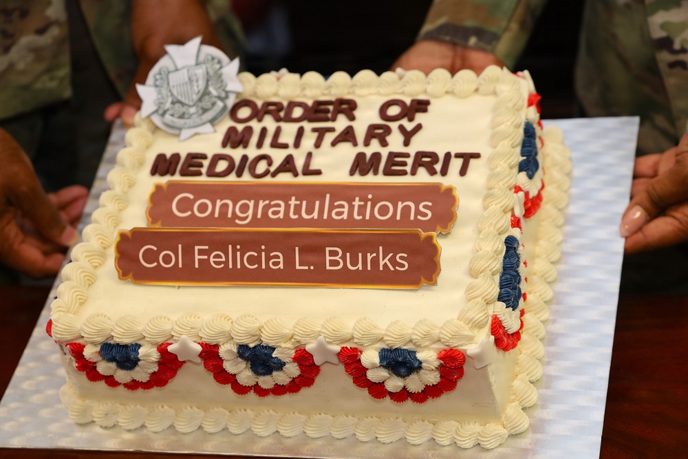 Celebration cake honoring Col. Felicia L. Burks for Order of Military Medical Merit induction