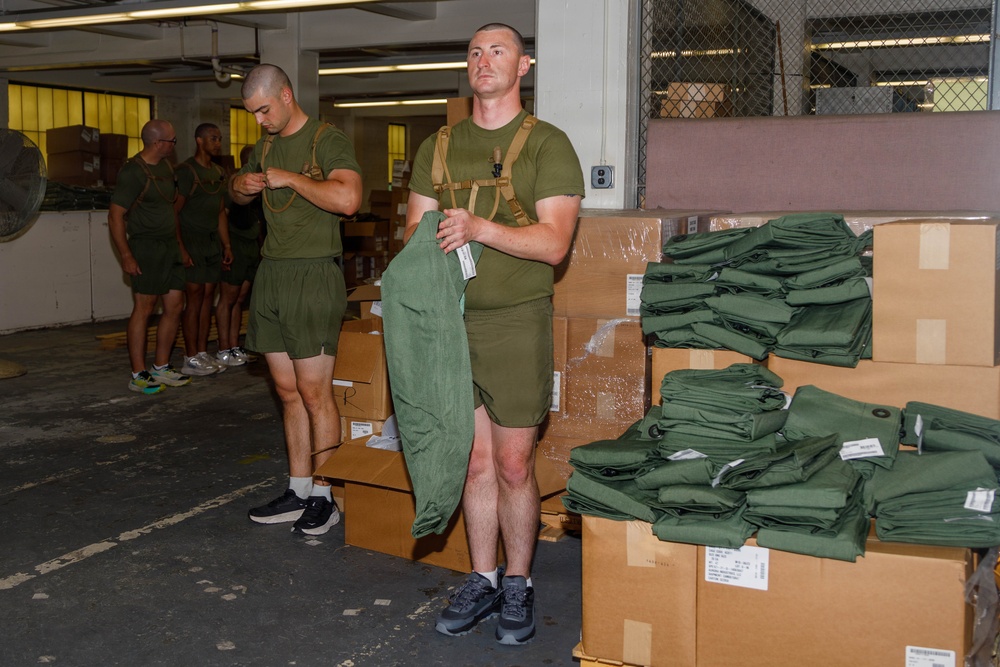 U.S. Marine Officer Candidates with OCS conduct Initial Uniform Issue