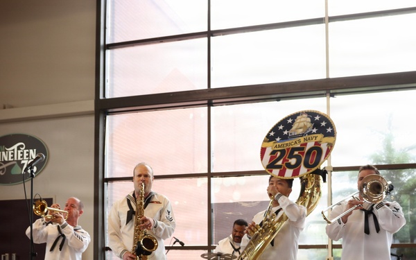 Navy Band Northeast’s Jack Tar Brass Band performs at Hershey Park Chocolate World during Harrisburg Navy Week.