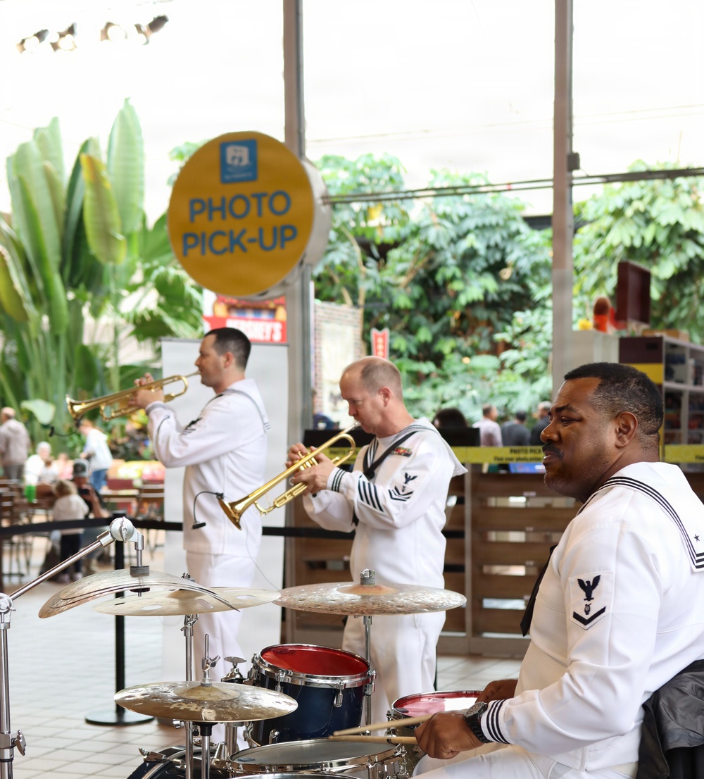 Navy Band Northeast’s Jack Tar Brass Band performs at Hershey Park Chocolate World during Harrisburg Navy Week.
