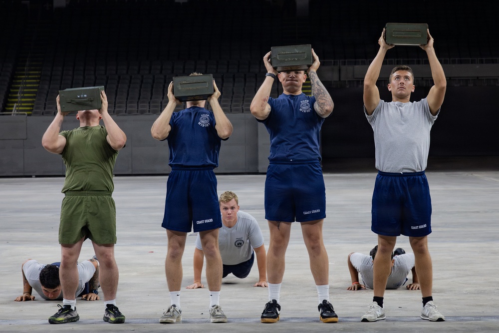 U.S. Service Members participate in Physical Training at the Ceasars Superdome in New Orleans