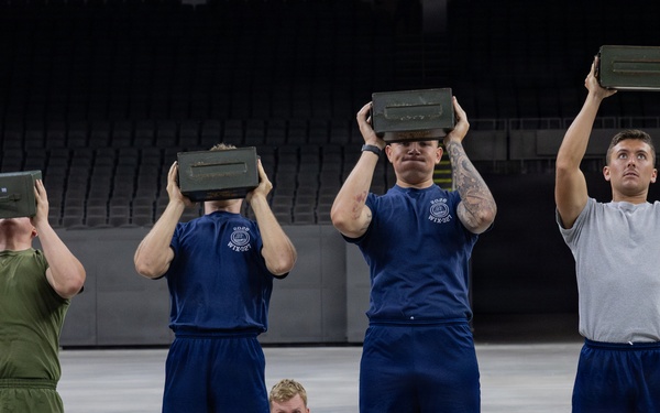 U.S. Service Members participate in Physical Training at the Ceasars Superdome in New Orleans