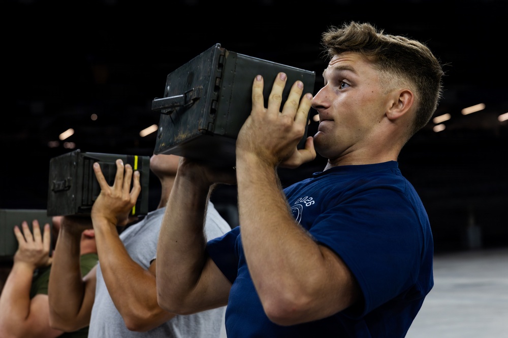 U.S. Service Members participate in Physical Training at the Ceasars Superdome in New Orleans