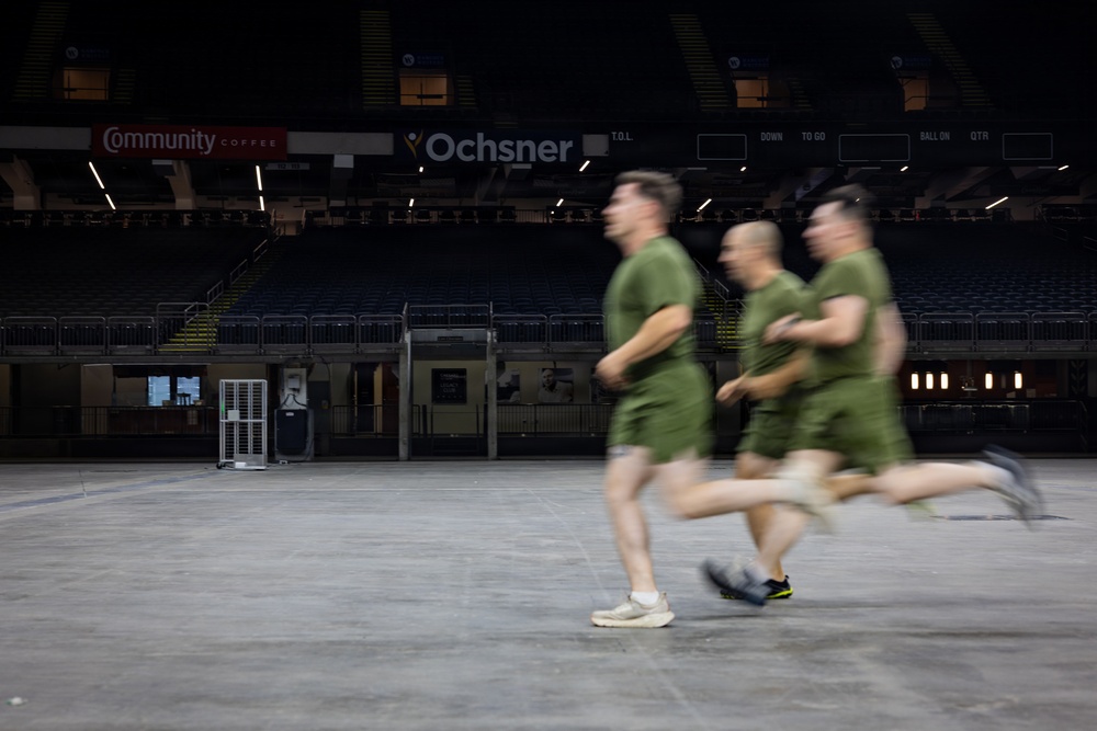 U.S. Service Members participate in Physical Training at the Ceasars Superdome in New Orleans