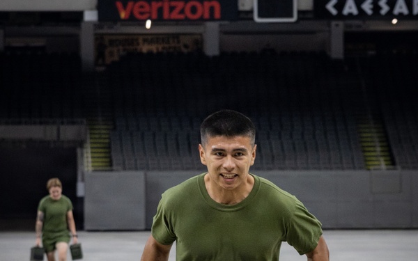 U.S. Service Members participate in Physical Training at the Ceasars Superdome in New Orleans