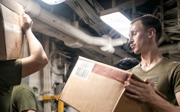 11th MEU Marines, Sailors Replenish Supplies aboard USS Portland