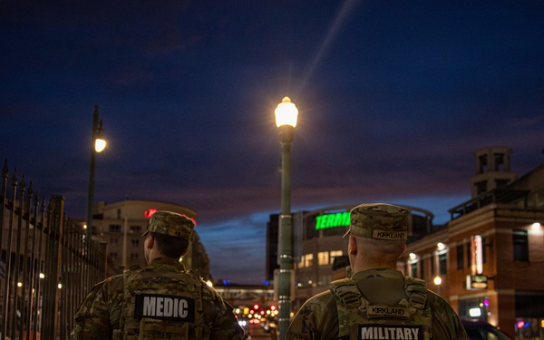 U.S. Army National Guard Military Police assigned to the Memphis Safe Task Force conduct a patrol of Beale Street