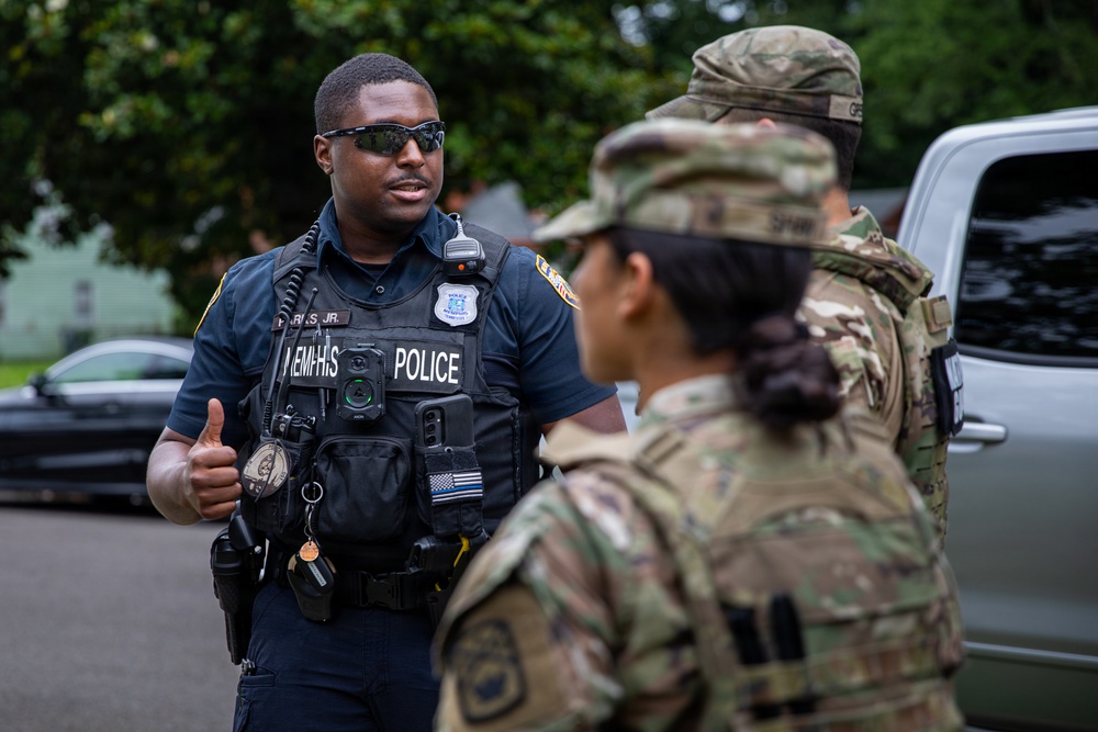 U.S. Army National Guard Soldiers assigned to the Memphis Safe Task Force patrols Frayser in Memphis, Tennessee