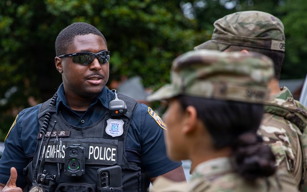 U.S. Army National Guard Soldiers assigned to the Memphis Safe Task Force patrols Frayser in Memphis, Tennessee