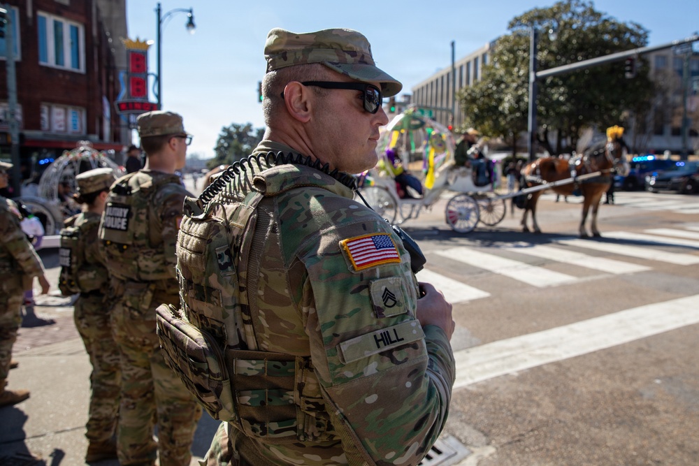 U.S. Army National Guard Military Police assigned to the Memphis Safe Task Force conduct a patrol of Beale Street