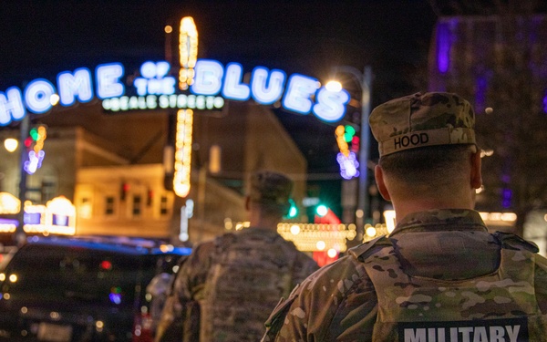 U.S. Army National Guard Military Police assigned to the Memphis Safe Task Force conduct a patrol of Beale Street