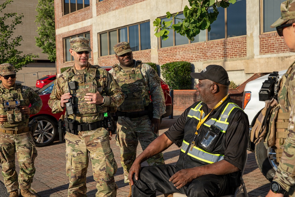 U.S. Army National Guard Military Police assigned to the Memphis Safe Task Force conduct a patrol of Beale Street