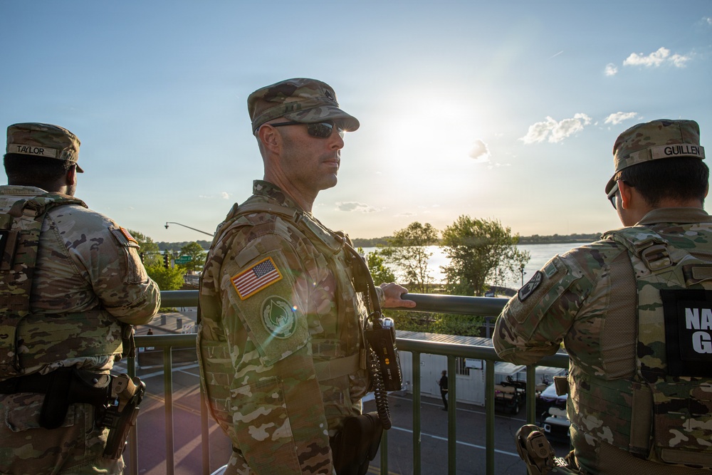 U.S. Army National Guard Military Police assigned to the Memphis Safe Task Force conduct a patrol of Beale Street