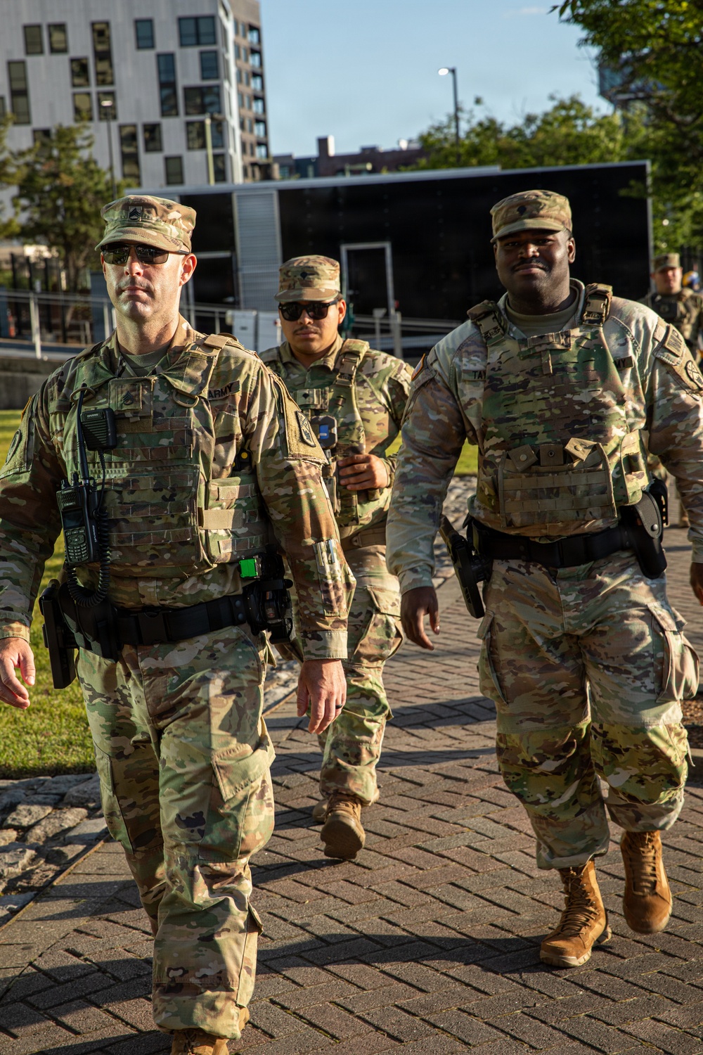 U.S. Army National Guard Military Police assigned to the Memphis Safe Task Force conduct a patrol of Beale Street
