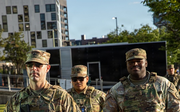 U.S. Army National Guard Military Police assigned to the Memphis Safe Task Force conduct a patrol of Beale Street
