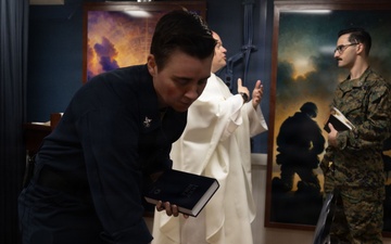 USS Iwo Jima Sailors Prepare the ship's Chapel for the Next Service