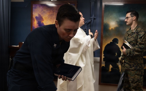USS Iwo Jima Sailors Prepare the ship's Chapel for the Next Service