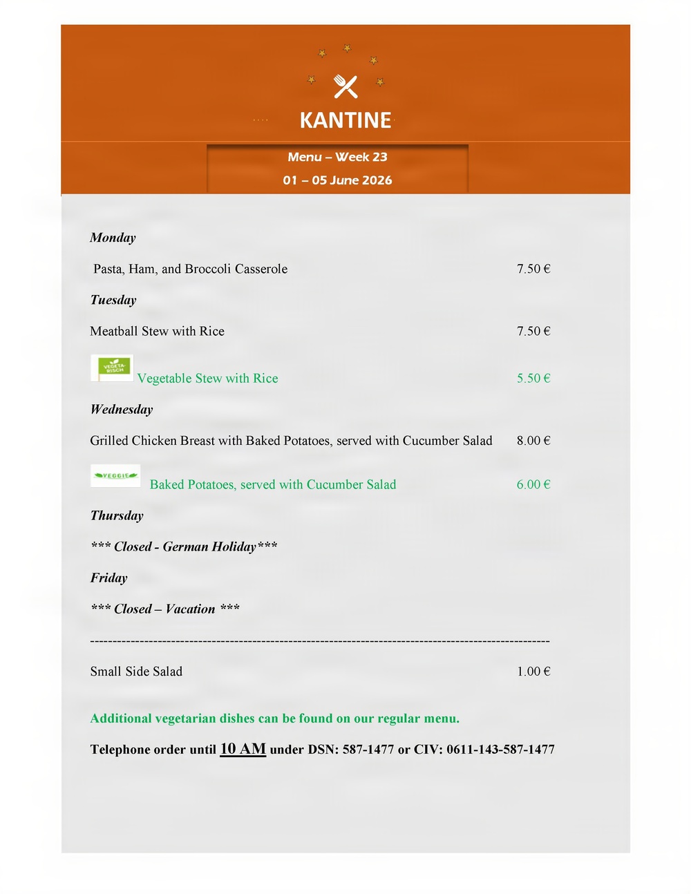 Kantine menu - 1-5 June 2026