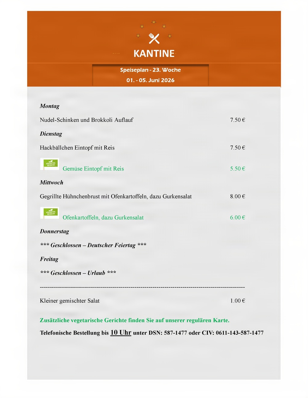 Kantine menu - 1-5 June 2026