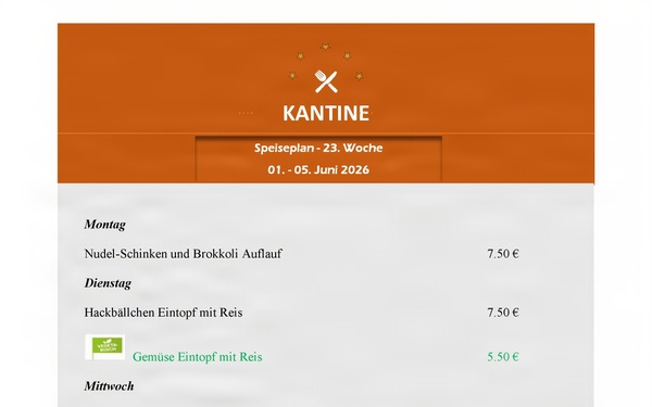 Kantine menu - 1-5 June 2026