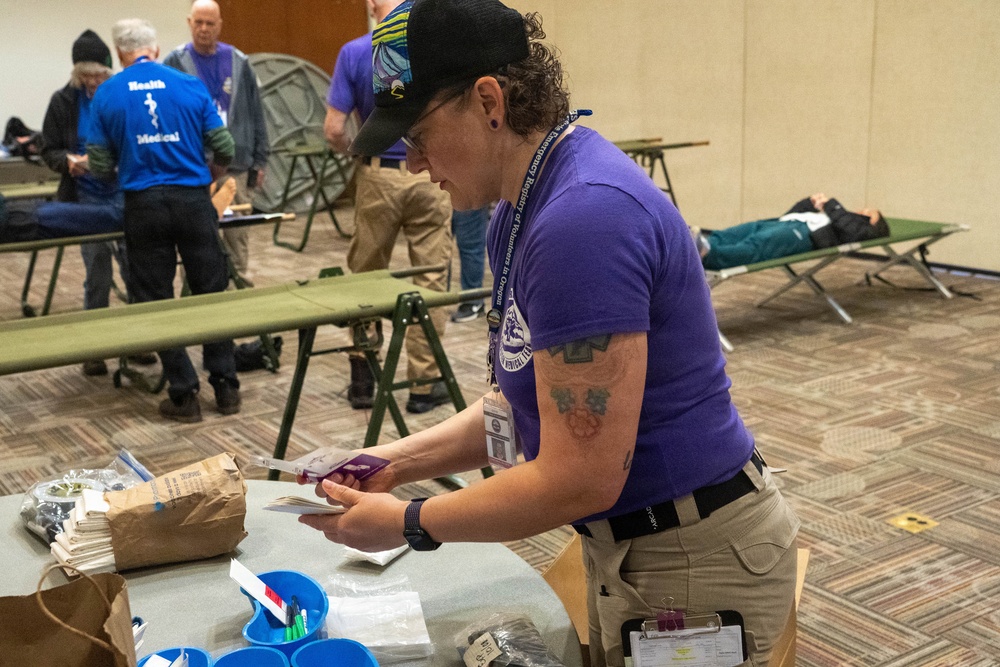 Oregon disaster response personnel prepare triage materials during Pathfinder 2026