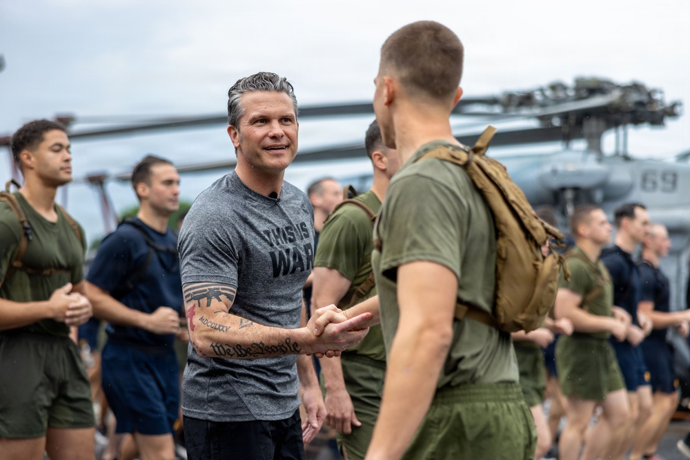 Secretary of War visits Marines, Sailors Aboard USS Boxer to Conduct Physical Training