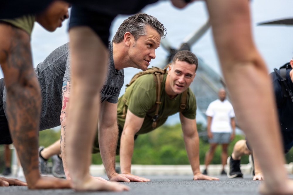 Secretary of War visits Marines, Sailors Aboard USS Boxer to Conduct Physical Training