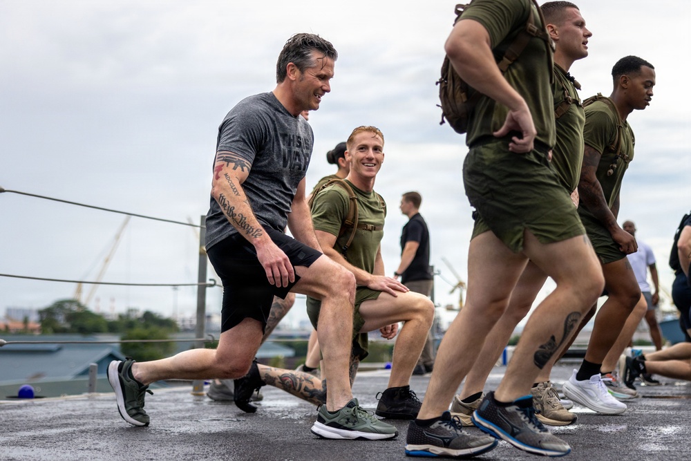 Secretary of War visits Marines, Sailors Aboard USS Boxer to Conduct Physical Training