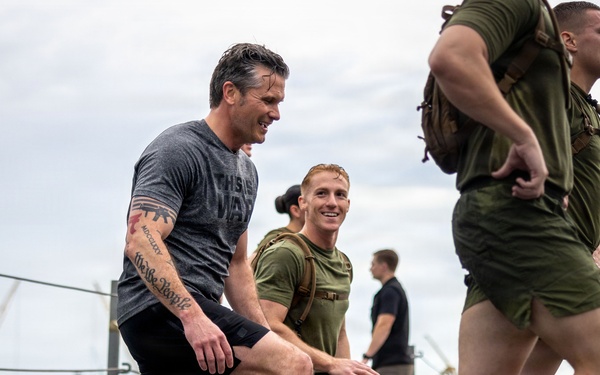 Secretary of War visits Marines, Sailors Aboard USS Boxer to Conduct Physical Training