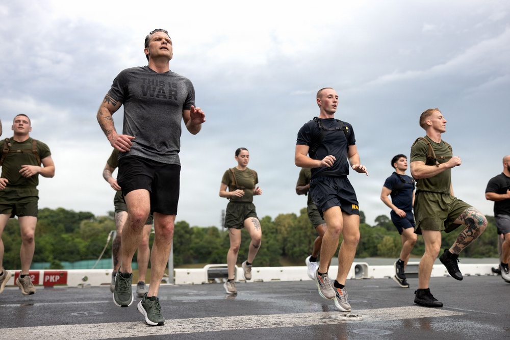 Secretary of War visits Marines, Sailors Aboard USS Boxer to Conduct Physical Training