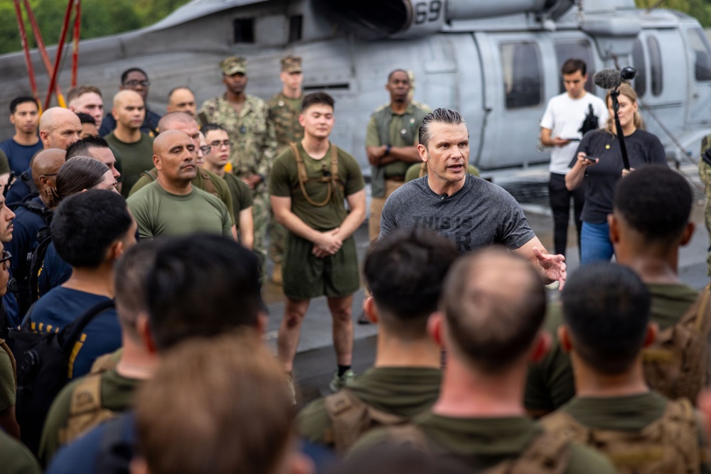 Secretary of War visits Marines, Sailors Aboard USS Boxer to Conduct Physical Training