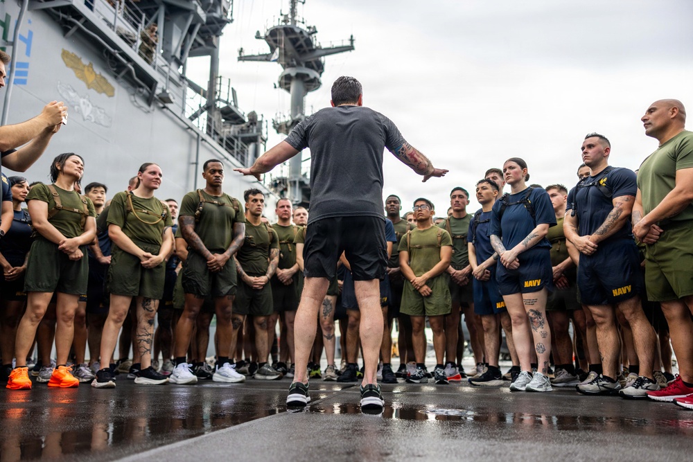 Secretary of War visits Marines, Sailors Aboard USS Boxer to Conduct Physical Training