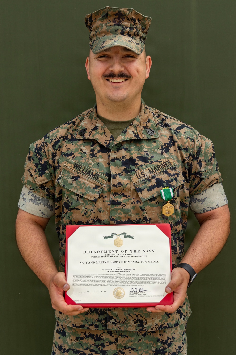 Staff Sgt. Tommy Williams Awarded Navy Commendation Medal for Life-Saving Measures