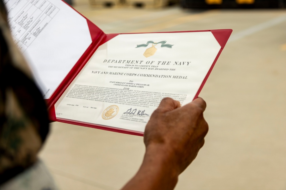 Staff Sgt. Tommy Williams Awarded Navy Commendation Medal for Life-Saving Measures