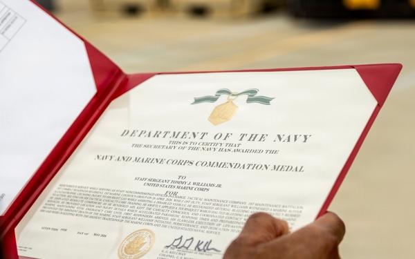 Staff Sgt. Tommy Williams Awarded Navy Commendation Medal for Life-Saving Measures