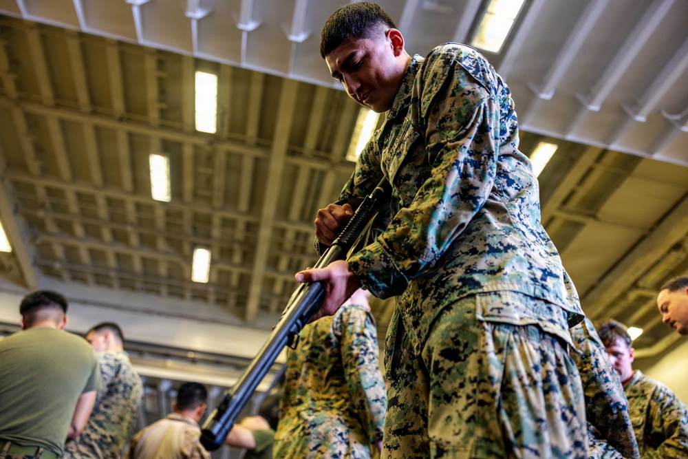 11th MEU Marines Conduct Shotgun Familiarization Training Aboard USS Boxer