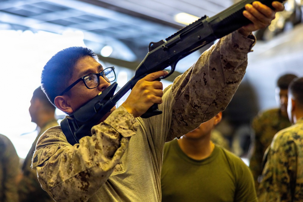 11th MEU Marines Conduct Shotgun Familiarization Training Aboard USS Boxer