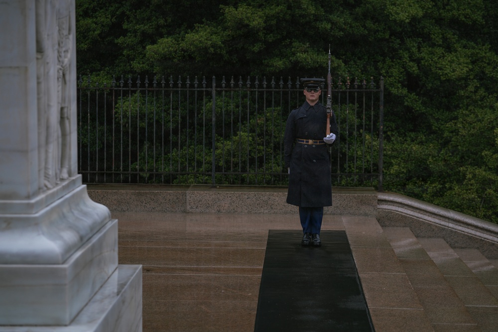 Sentinel stands guard at the Tomb of the Unknown Soldier, Arlington National Cemetery