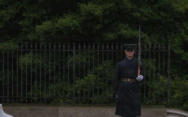Sentinel stands guard at the Tomb of the Unknown Soldier, Arlington National Cemetery