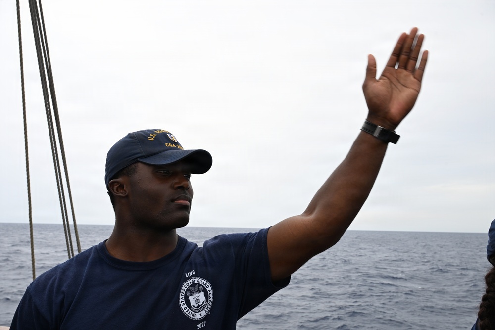 Coast Guard Cutter Eagle crew members conduct man-overboard drills