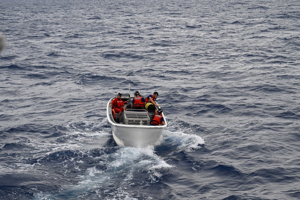 Coast Guard Cutter Eagle crew members conduct man-overboard drills