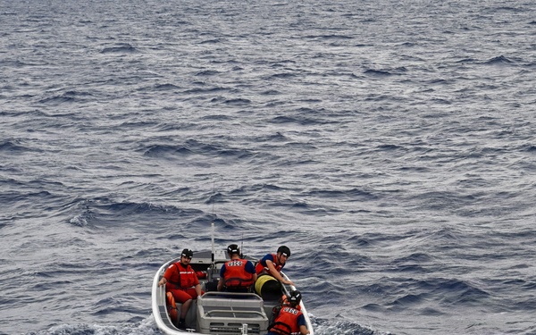 Coast Guard Cutter Eagle crew members conduct man-overboard drills