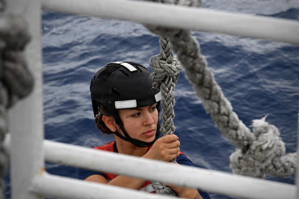 Coast Guard Cutter Eagle crew members conduct man-overboard drills