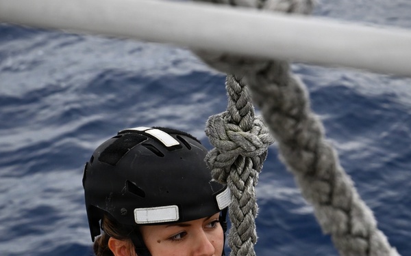 Coast Guard Cutter Eagle crew members conduct man-overboard drills