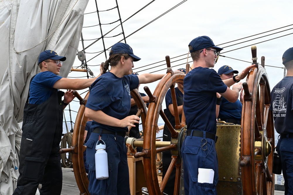 Coast Guard Cutter Eagle crew members conduct man-overboard drills