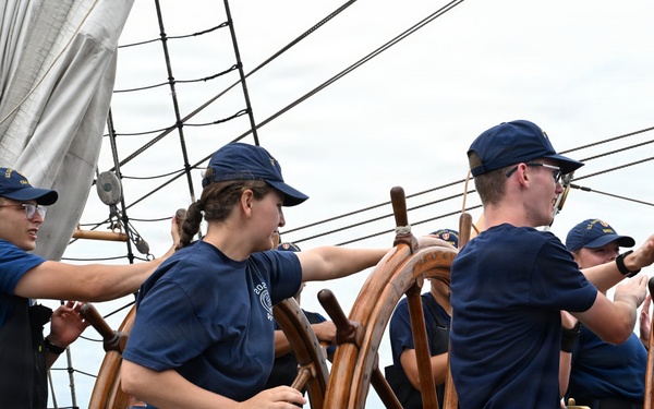 Coast Guard Cutter Eagle crew members conduct man-overboard drills