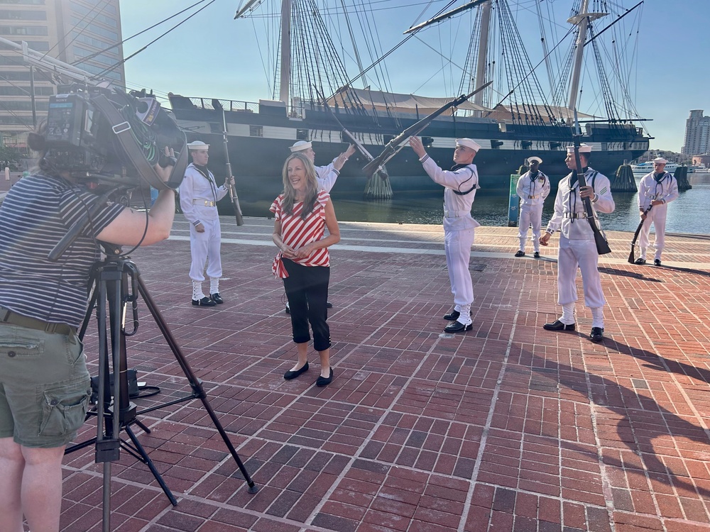 Navy Ceremonial Guard Drill Team Performs for WBAL-TV at Baltimore Inner Harbor