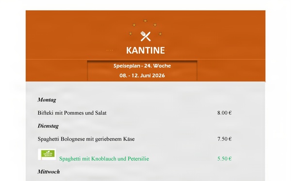 Kantine Menü - 8-12 June 2026